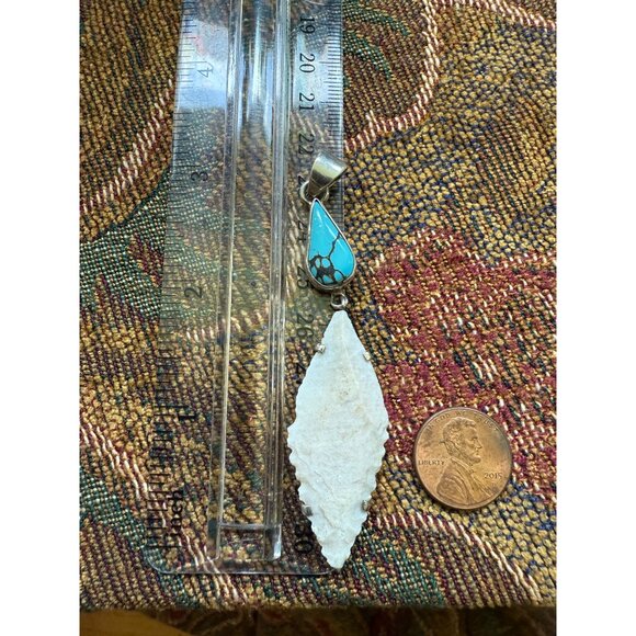 Turquoise & Sterling(tested) Arrowhead Pendant Necklace Teardrop - Picture 4 of 4